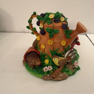 Vintage 4.5” Resin Watering Can Planter Bunny Yelllow Bird Berries Strawberries
